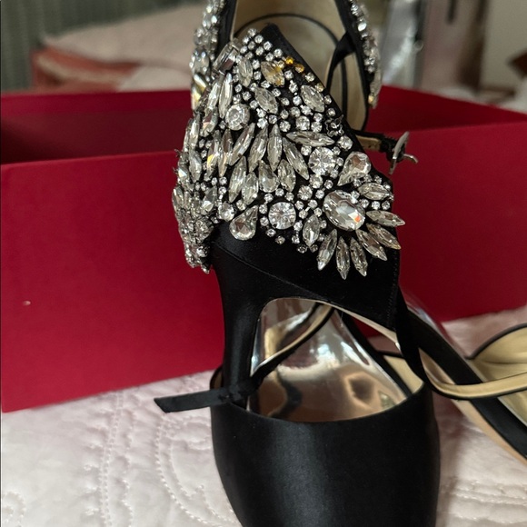 Badgley Mischka Black Satin Embellished Heels - Picture 2 of 4